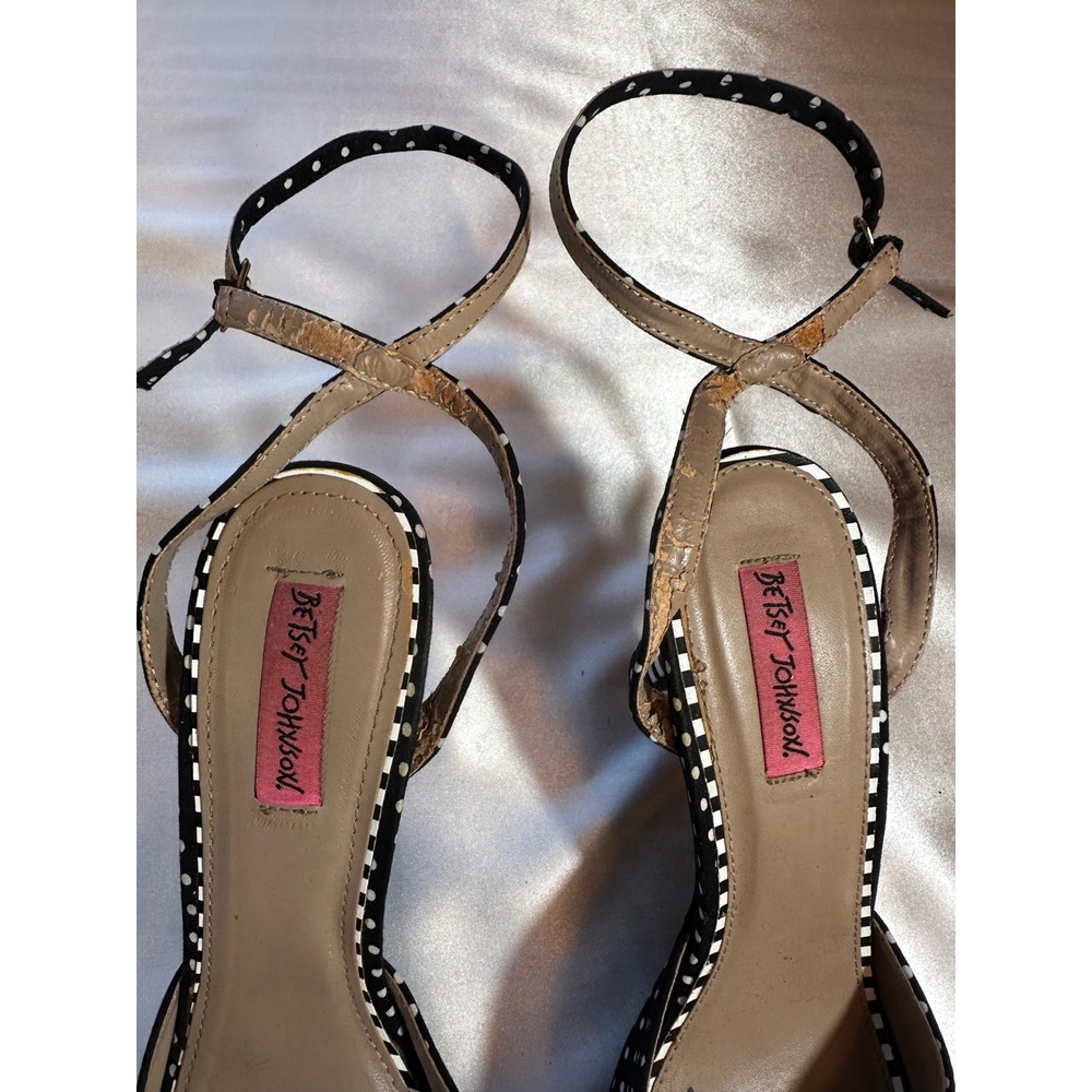 Betsey Johnson Polka Dot Striped Floral Applique Ankle Strap Heels Size 10 - Picture 5 of 6